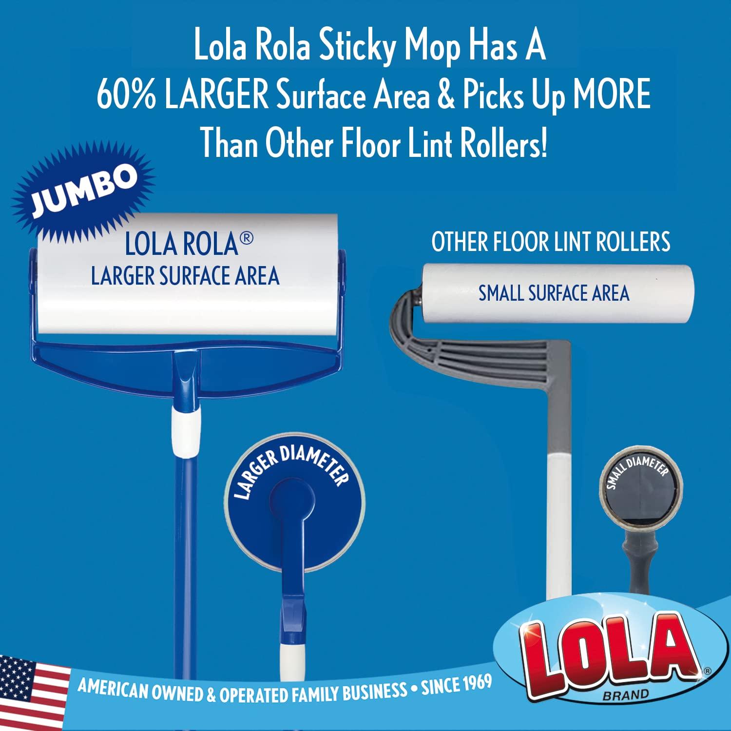 LOLA LOLA Rola Sticky Mop, Giant Floor Lint Roller, 9\" W x 3.5\" Dia., Best Pet Hair Remover, Traps Dust, Dirt, w/Extender Handle, 30 Large Adhesive Sheets