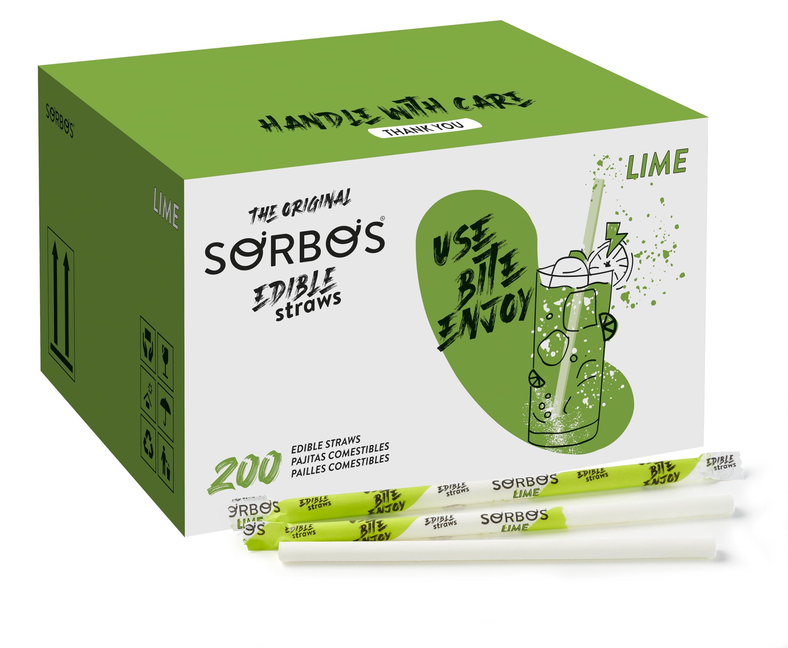 SORBOS Sorbos Edible Straws, Lime Flavored, Sustainable, Individually Packaged, No Plastic, No Allergens, No Gluten, No PFAS, 100 Percent Biodegradable, 9.4 inches long (Pack of 200)