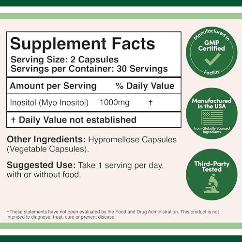 Double Wood Supplements Inositol Capsules (Myo Inositol) 1000mg Health Support for Women (60 Count)(No Fillers, Vegan Safe, Gluten Free) by Double Wood