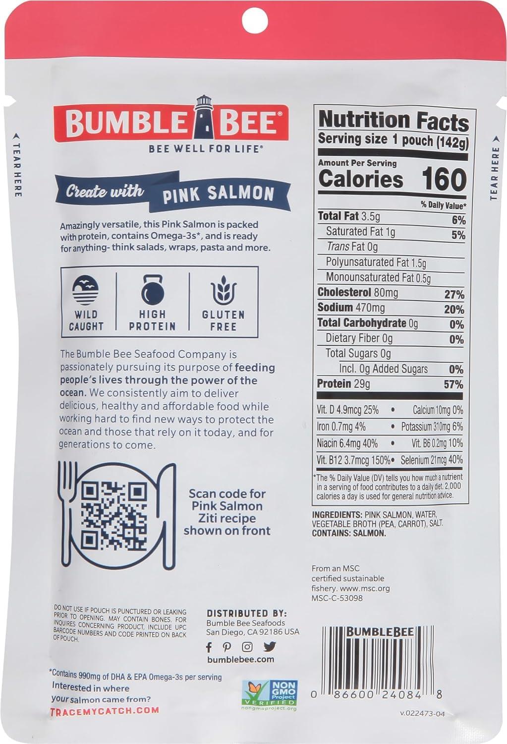Bumble Bee Bumble Bee Skinless & Boneless Pink Salmon, 5 oz Pouch - Premium Wild Caught Salmon for Snacks, Sandwiches & Recipes - 29g Protein per Serving - Gluten Free, Kosher, MSC Certified