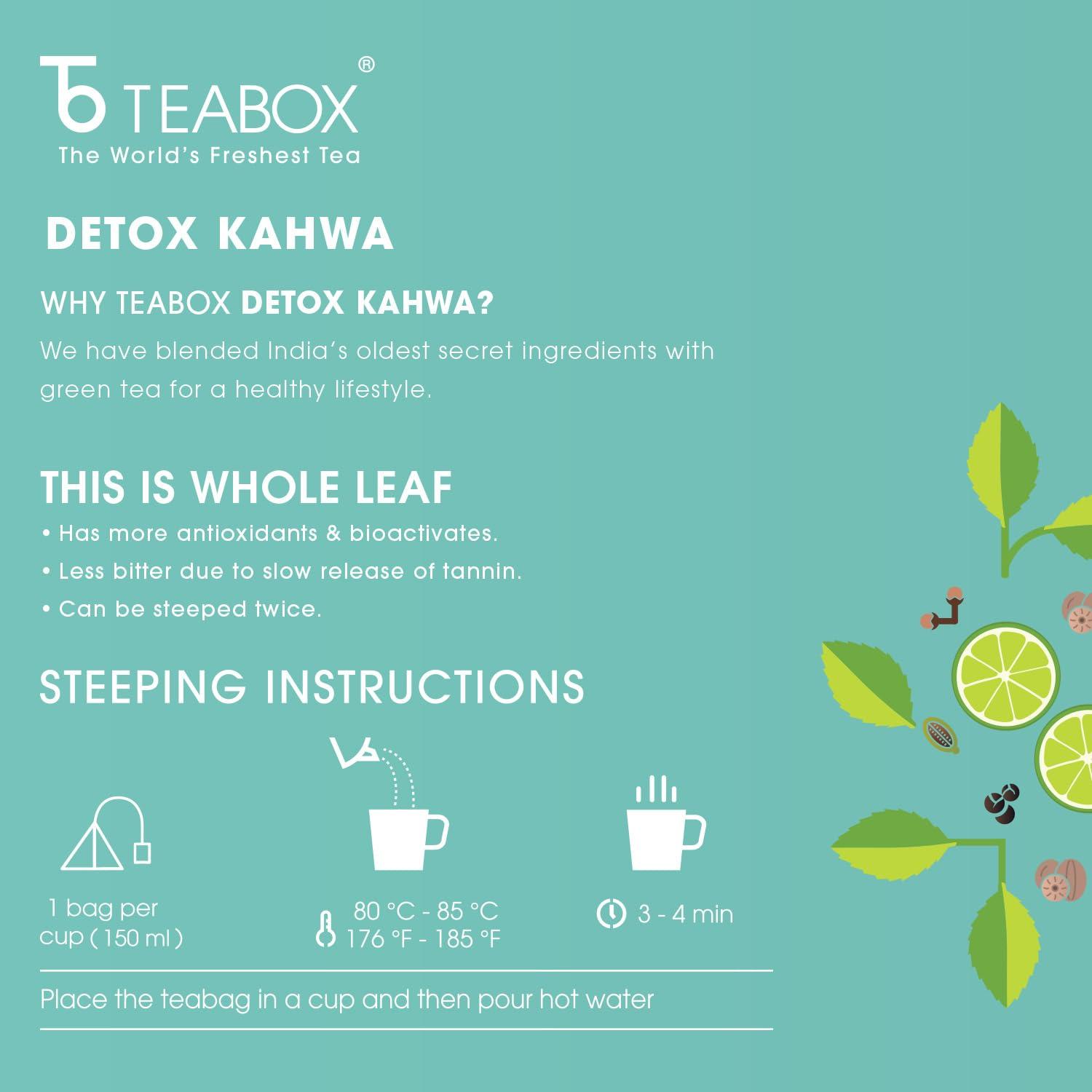Teabox Teabox Detox Kahwa Green Tea Bags 100 pcs | For Natural Body Cleanse & Cold Relief | Made with 100% Indian Herbs & Spices