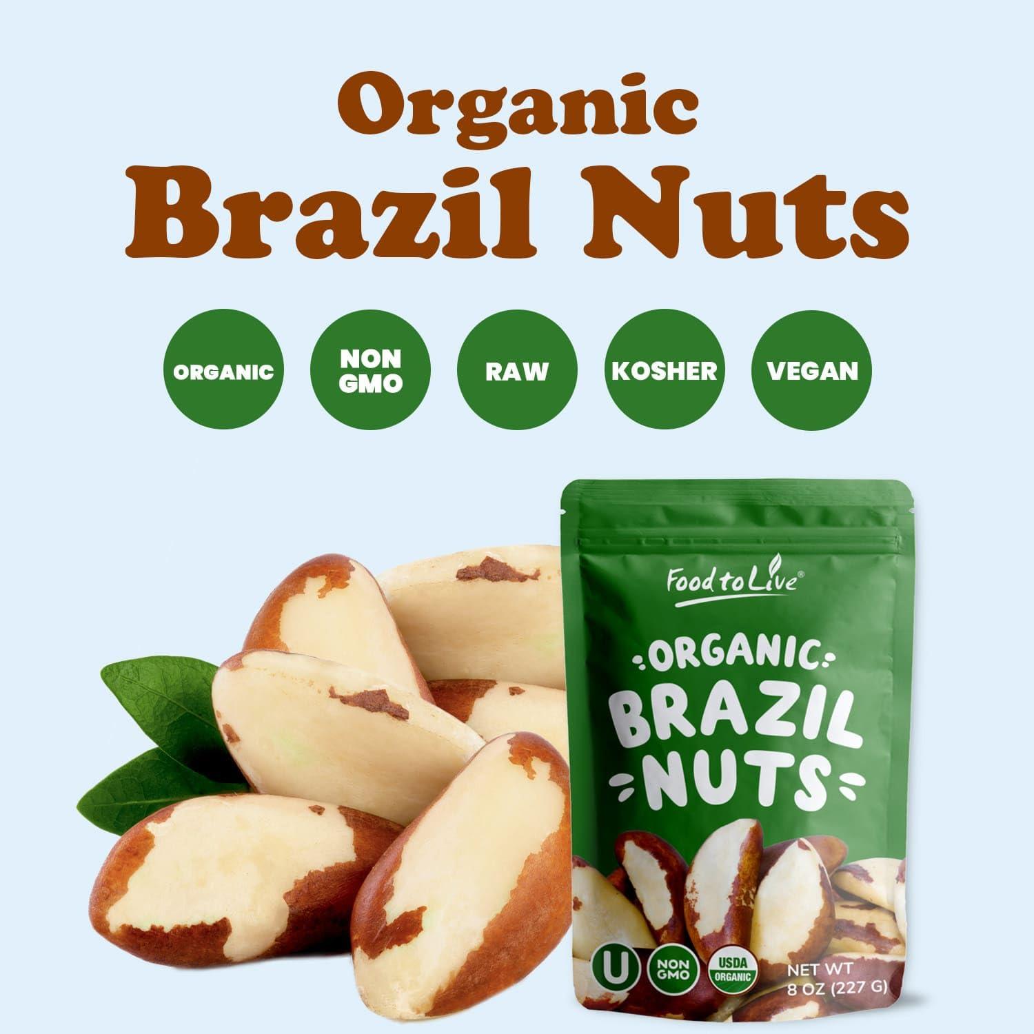 Food to Live Food to Live - Organic Brazil Nuts, 8 Ounces Non-GMO, Raw, Whole, No Shell, Unsalted, Kosher, Vegan, Keto, Paleo Friendly, Bulk, Rich in Selenium