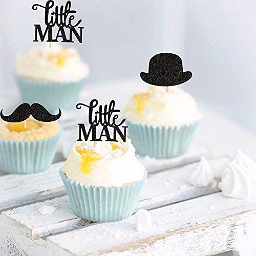 ZHUOWEISM 36 PCS Little Man Cupcake Toppers Black Glitter Hat Mustache Cupcake Picks for Baby Shower Boys Birthday Party Cake Decorations Supplies