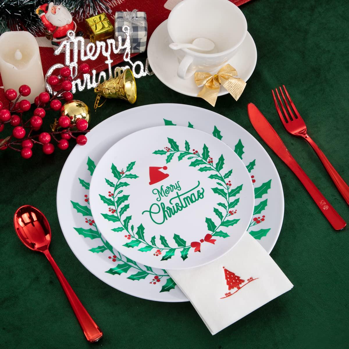 Liacere 175PCS Christmas plastic plates-White and Green Plates&Christmas Party Plates include 50 Christmas Plates 25 Cups 75 Plastic cutlery 25 Christmas Tree Napkins for Christmas