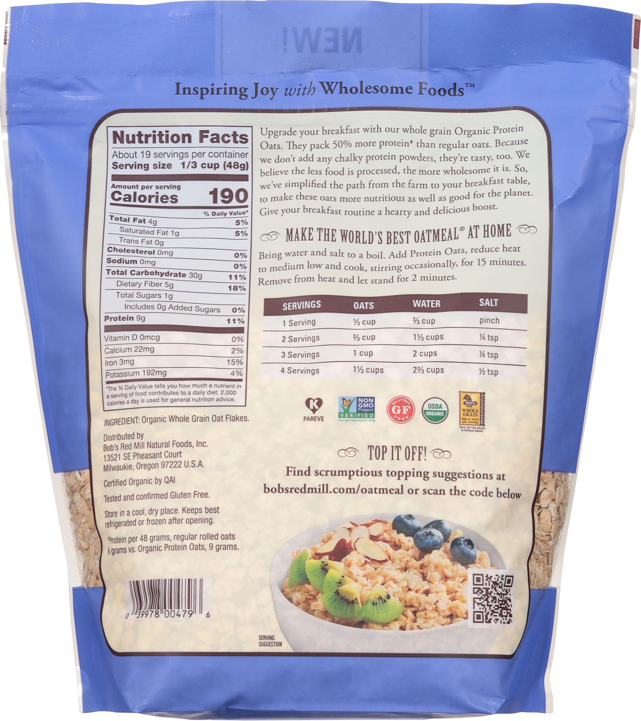 Bob\'s Red Mill Bob\'s Red Mill Organic High Protein Oats - 32 oz (Pack of 1), 9g/Serving, Gluten Free, Non GMO, Whole Grain, Plant Based Protein