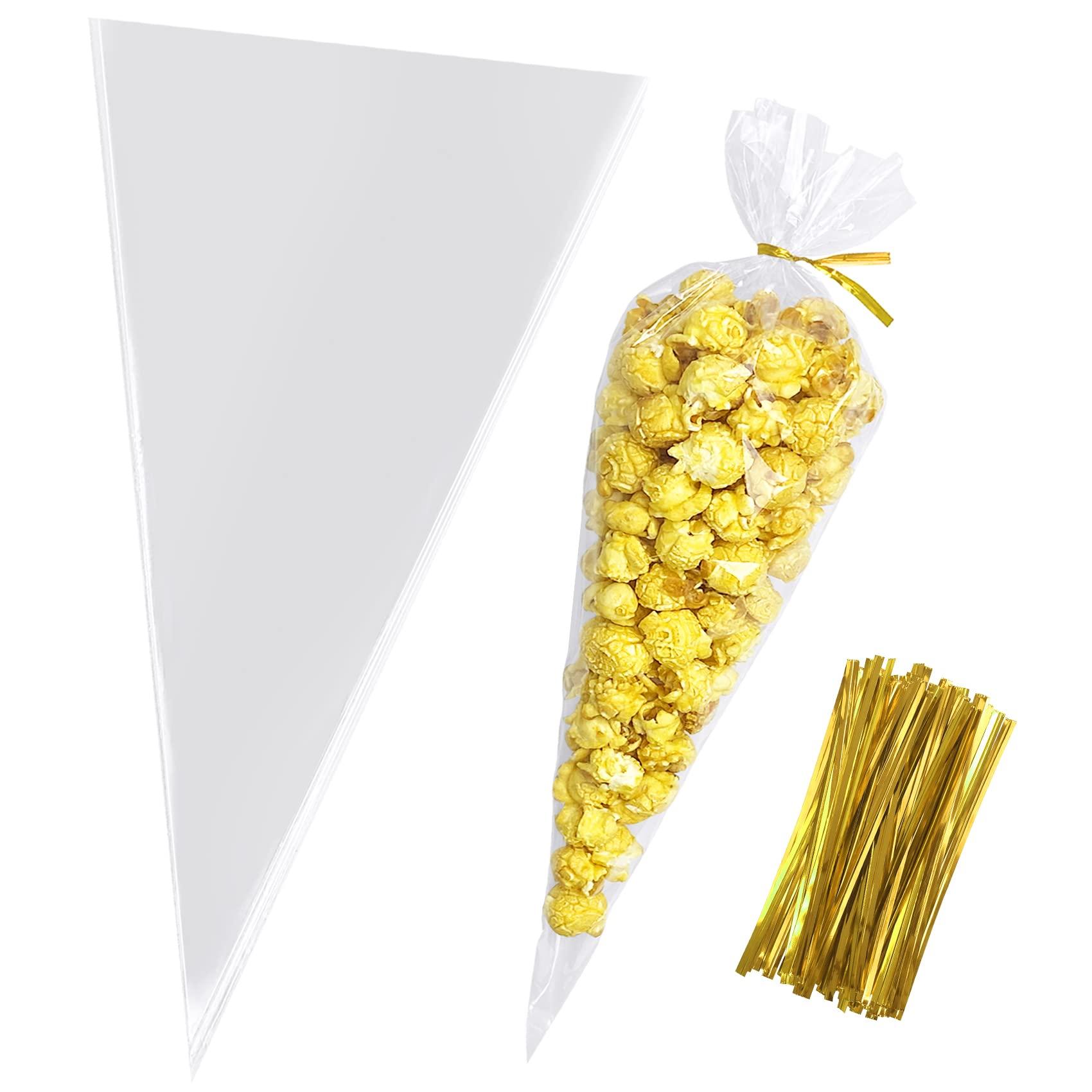 Morepack Morepack Cone Treat Bags, 100Pcs, 7x15 Inches, Clear Cellophane, with Twist Ties, for Treats, Popcorn, Candy, Party Favors