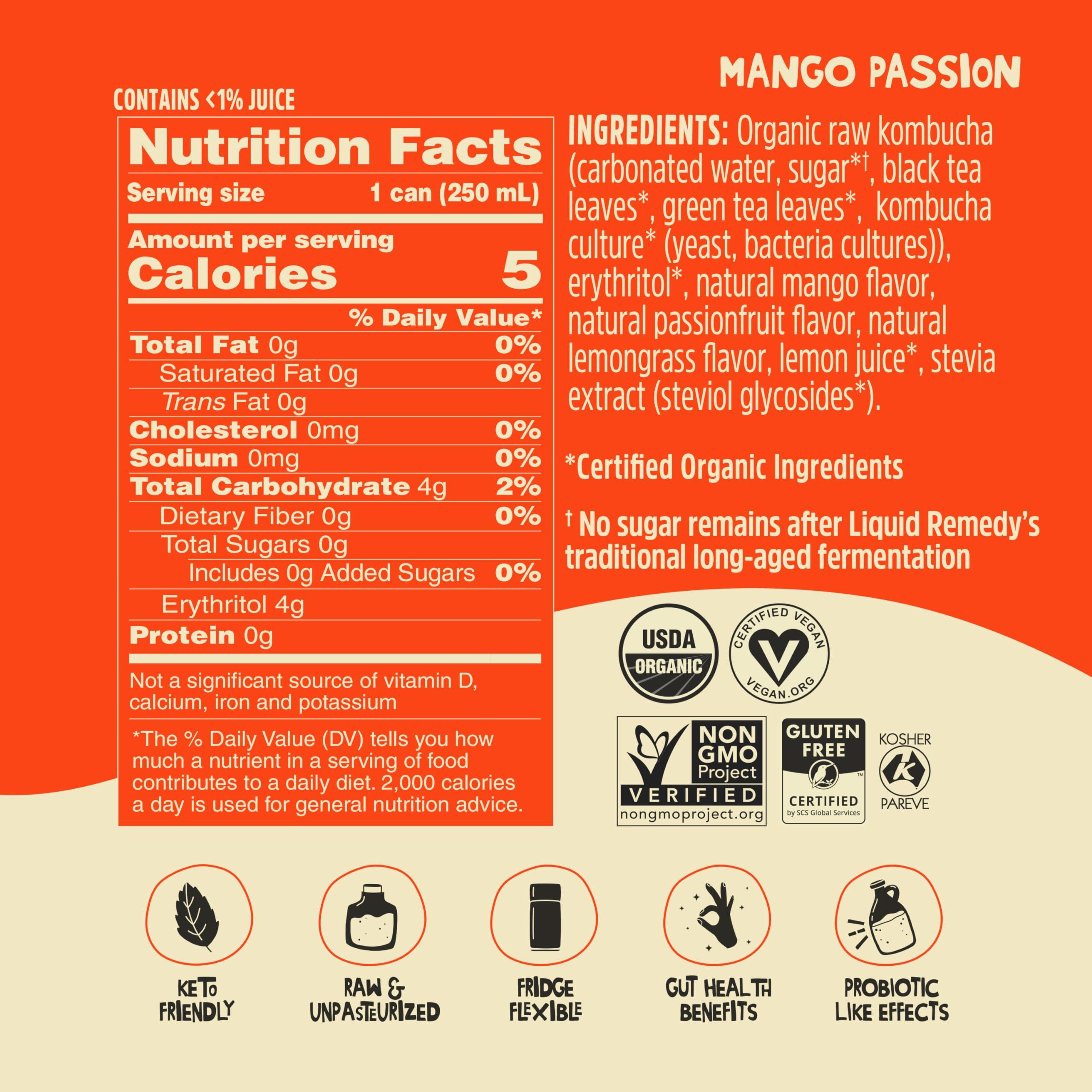 REMEDY Kombucha Liquid Remedy Kombucha Sugar Free Organic Drink, Low Calorie, Probiotic Like Tea for Gut Health - Mango Passion - 8.5 Fl Oz Can, 24-Pack