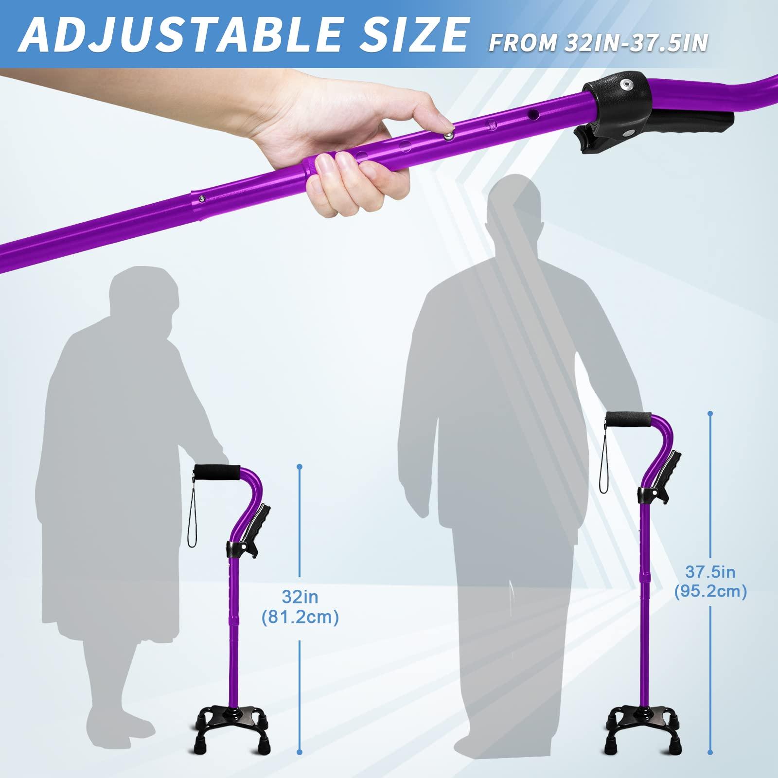 KingPavonini Adjustable Walking Cane for Men & Women with 4-Pronged Base for Extra Stability - Foldable Cane for Seniors with Foam Padded Offset Handle for Soft Grip & a Second Handle for Standing