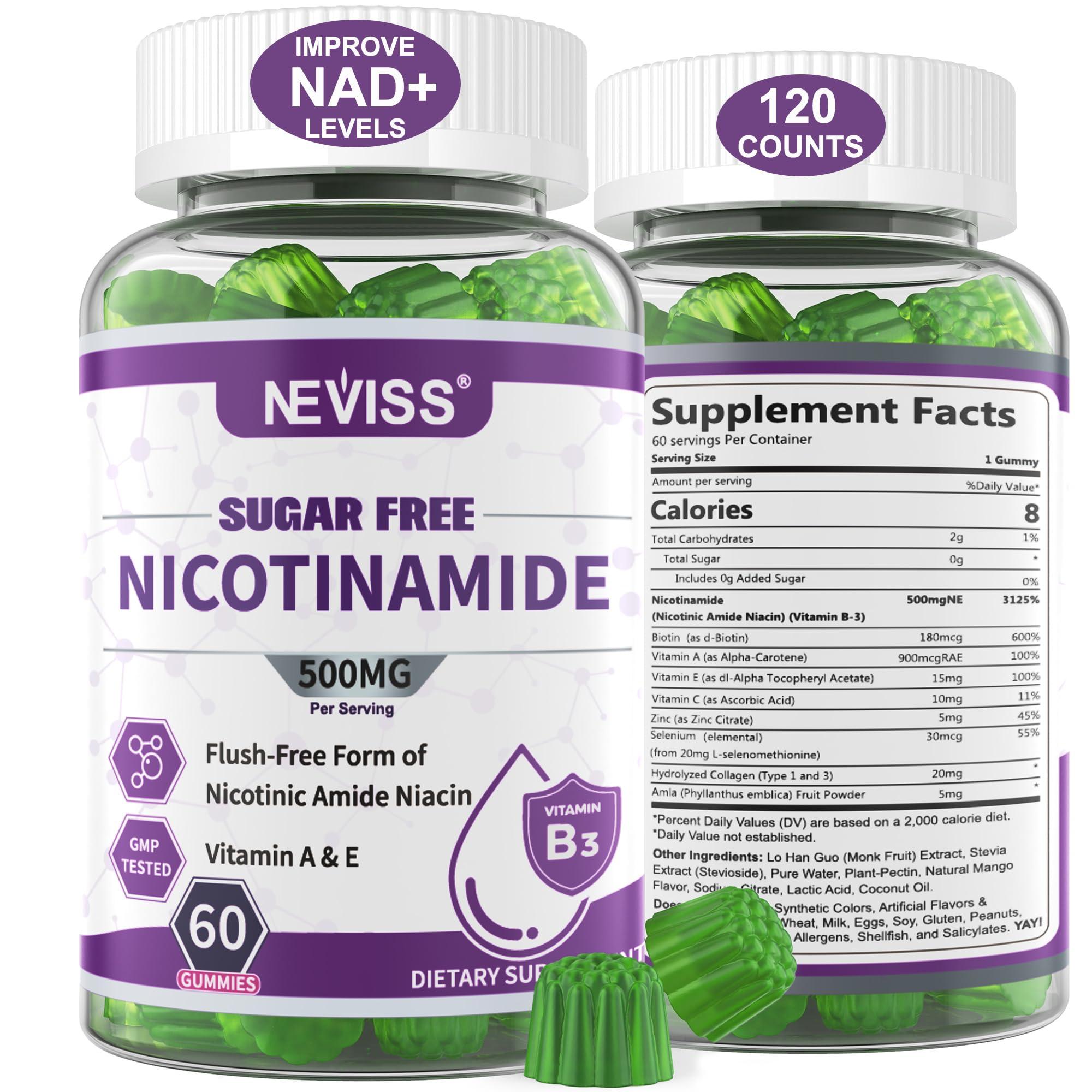 NEVISS Sugar Free Nicotinamide 500mg Gummies, (Flush Free Niacin) Vitamin B3 Niacinamide Supplement for Cellular Energy Metabolism & Repair, Vitality, Healthy Aging, Cranberry Flavor, Easy to Chew, 120 Cts
