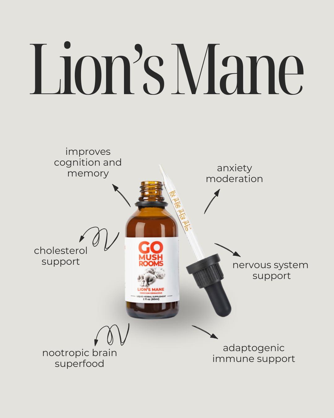 GO Mushrooms GO Mushrooms LionS Mane Tincture - Dual Extracted Fruiting Body Mushroom Supplement for Focus & Memory - Lions Mane Immune & Nervous System Support - 2 fl oz (60 Servings)*