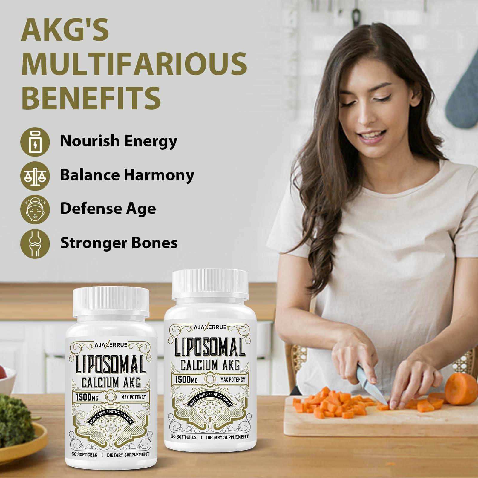 AJAXERRUE Liposomal Calcium AKG Supplement 1500 MG (Alpha-Ketoglutaric Acid), High Absorption, More Effective Than AAKG, Ca AKG for Longevity, Age Defense, Cellular Energy, Metabolic Function, 60 Softgels