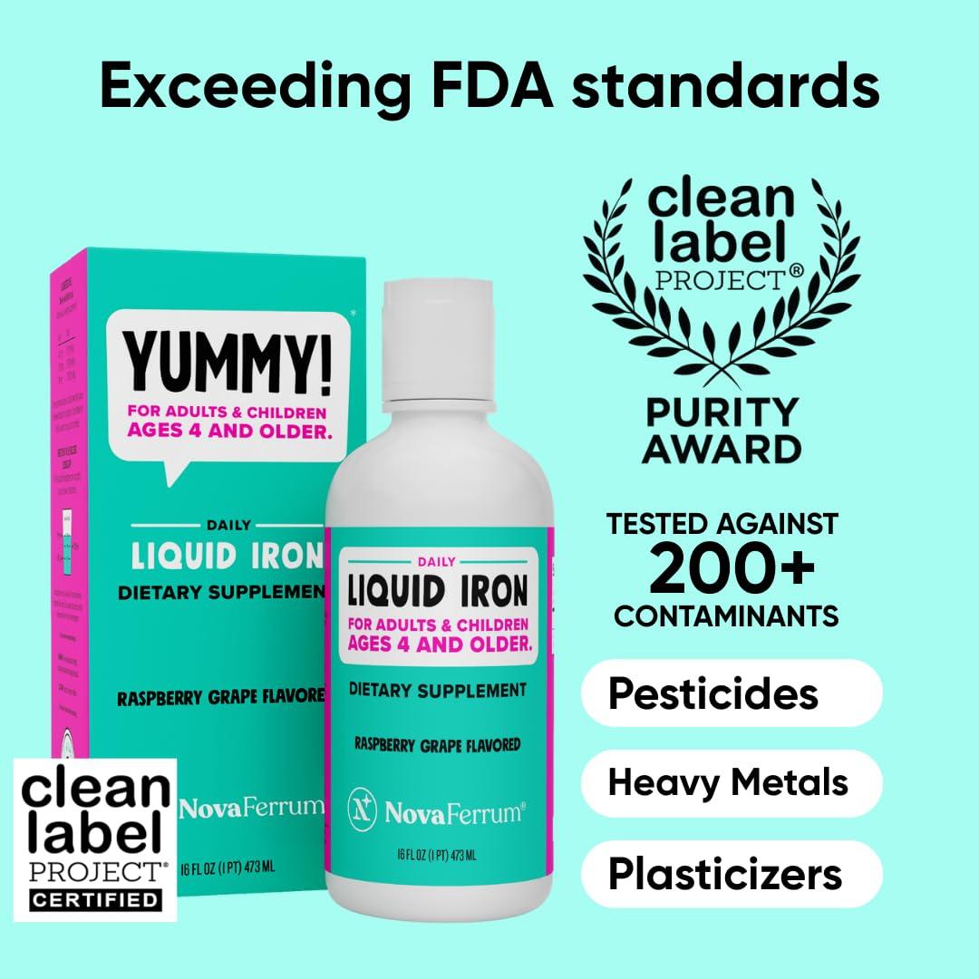 NovaFerrum NovaFerrum Yummy 16 Fl Oz | Liquid Iron Supplement for Ages 4 & Up | 18mg of Iron/Tbsp | Gluten Free | Sugar-Free | Raspberry Grape