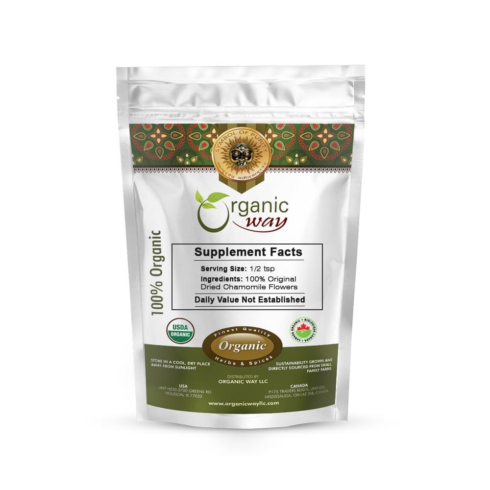 Organic Way Organic Way Chamomile Flower Whole (Matricaria chamomilla) - Herbal Tea | European Wild-Harvest | Kosher & USDA Certified | Vegan, Non-GMO & Gluten Free | 100% Raw from Albania (1/4LBS / 4Oz.)