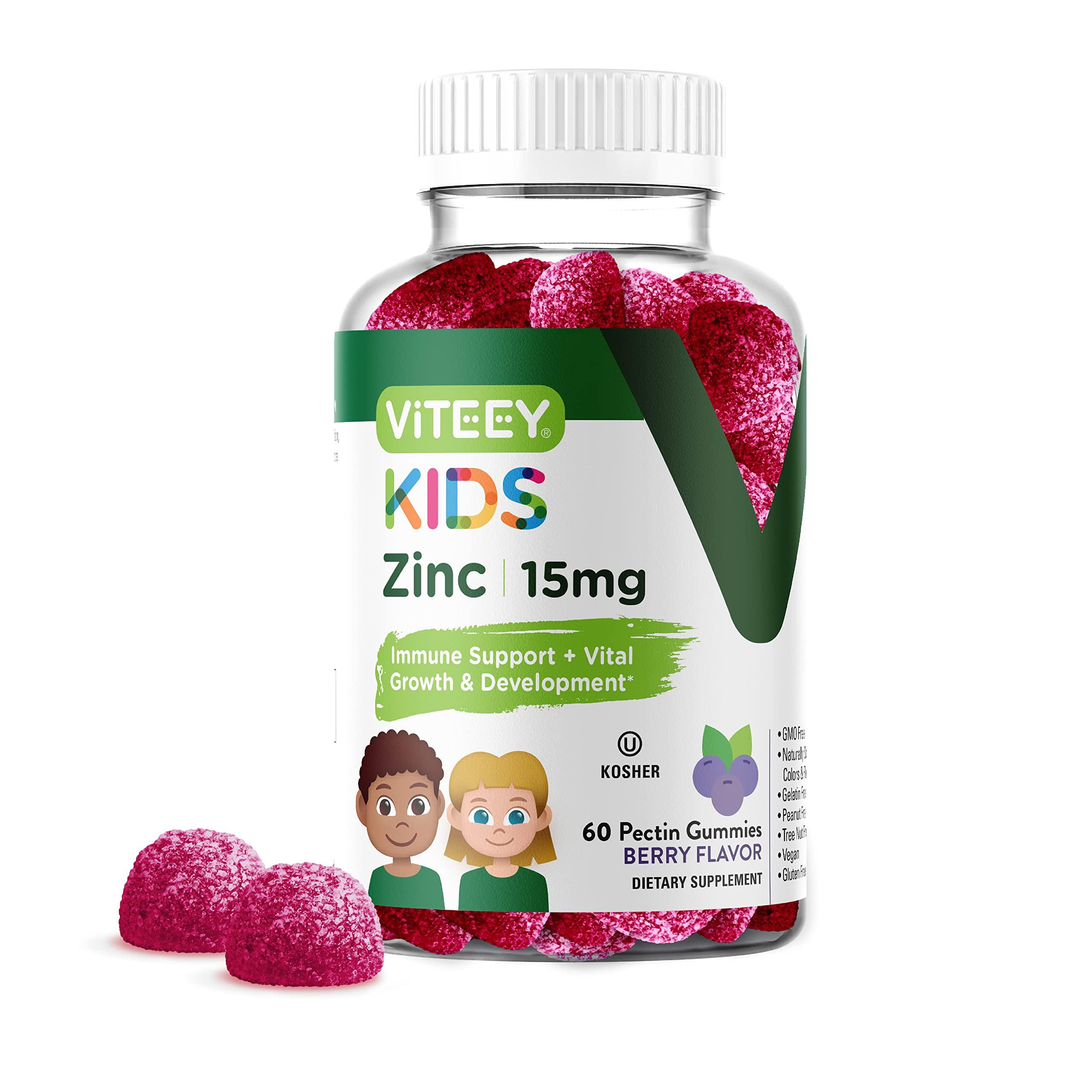 Viteey Zinc for Kids Gummies, 15mg - Immune Support for Kids & Teens - Powerful Natural Antioxidant, Kids Zinc Vitamin Supplement - Vegan, Gelatin Free, Gluten Free - Tasty Chewable Berry Flavor Gummy