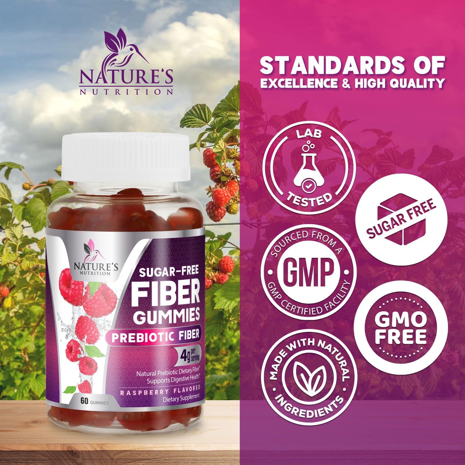 Nature's Nutrition Fiber Supplement Gummies for Digestive Health & Regularity Support, Sugar-Free 4g Fiber Gummy for Adults, Daily Probiotic Supplements, Natural Prebiotic Fiber Gummy, Plant Based - 60 Gummies
