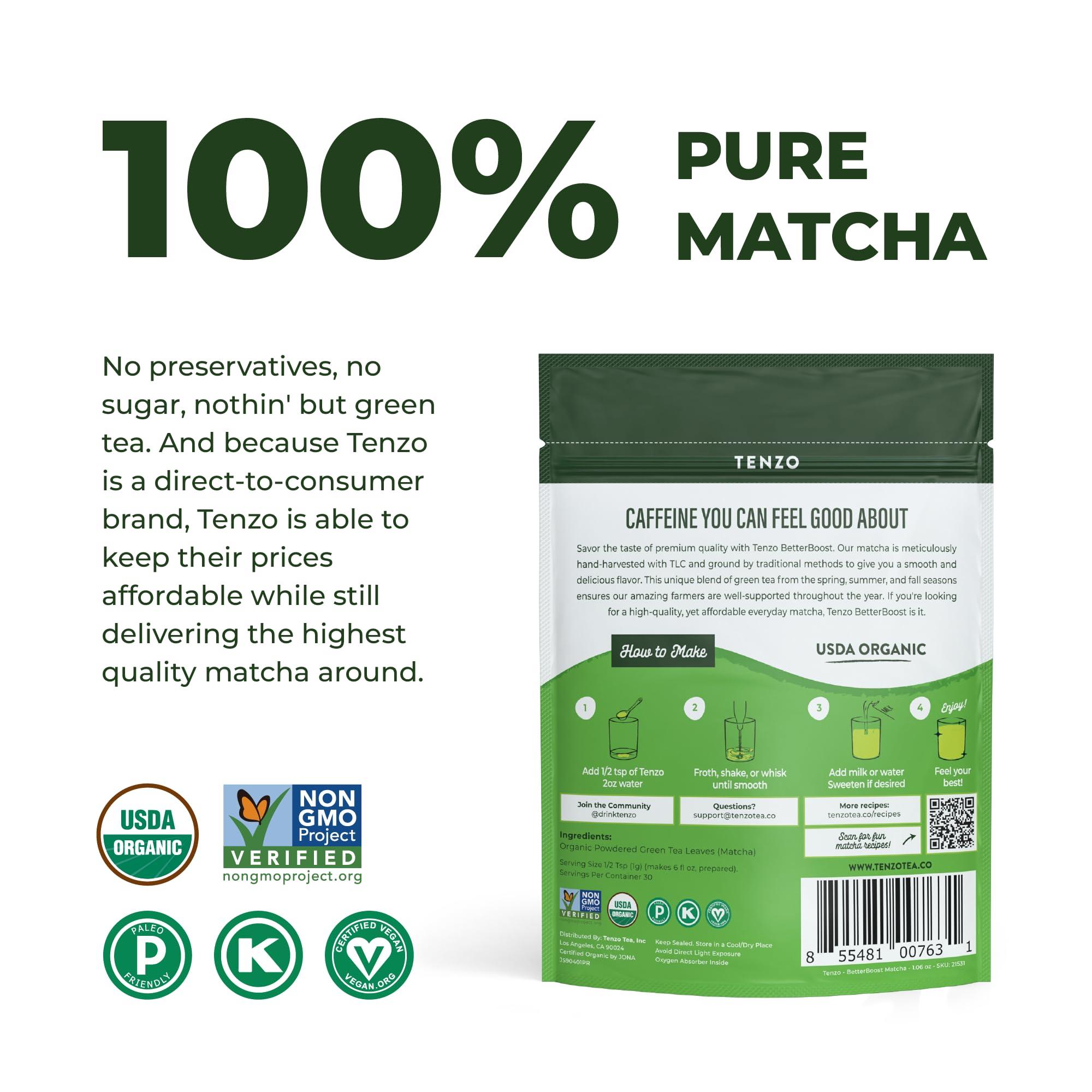 Tenzo Tea Tenzo Matcha Green Tea Powder BetterBoost (1.06 Ounce) with 100 Prong Bamboo Whisk