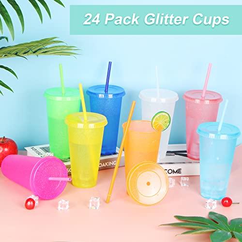 LEIFEOSH 24 Pack Plastic Tumblers with Lids and Straws, Reusable Cups with Lids Plastic Colorful Cups for Parties Birthdays, Iced Coffee Cup Travel Mug Cold Drink Cups Bulk Tumblers (24 oz, Light Colors)