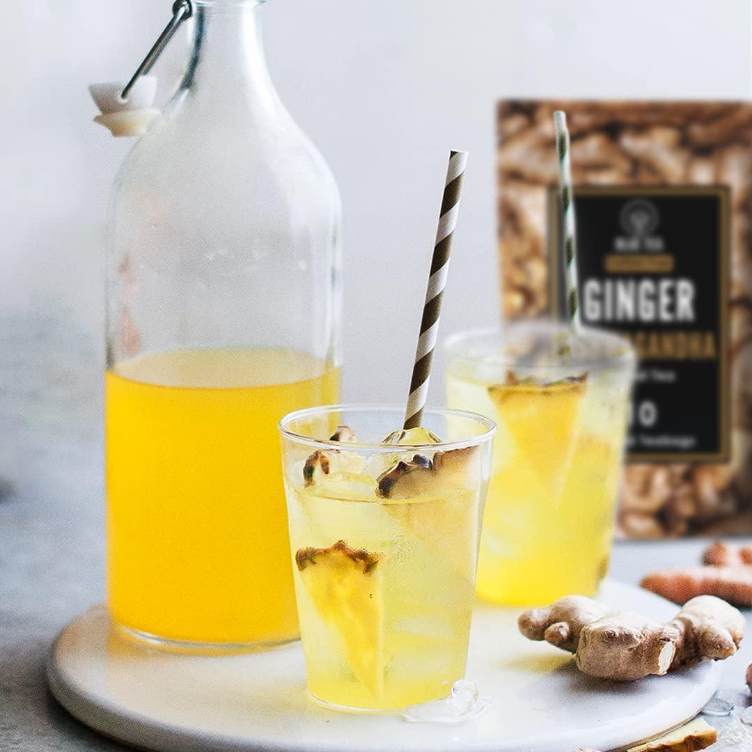 BLUE TEA BLUE TEA - Ginger Ashwagandha Tea - 10 Count - Pyramid Tea Bag | HERBAL BLEND | Antioxidant Rich - Herbal Tea - Caffeine free - Vegan - Non-GMO - Gluten Free - Zesty Flavor - No Sugar | Zipper Pack