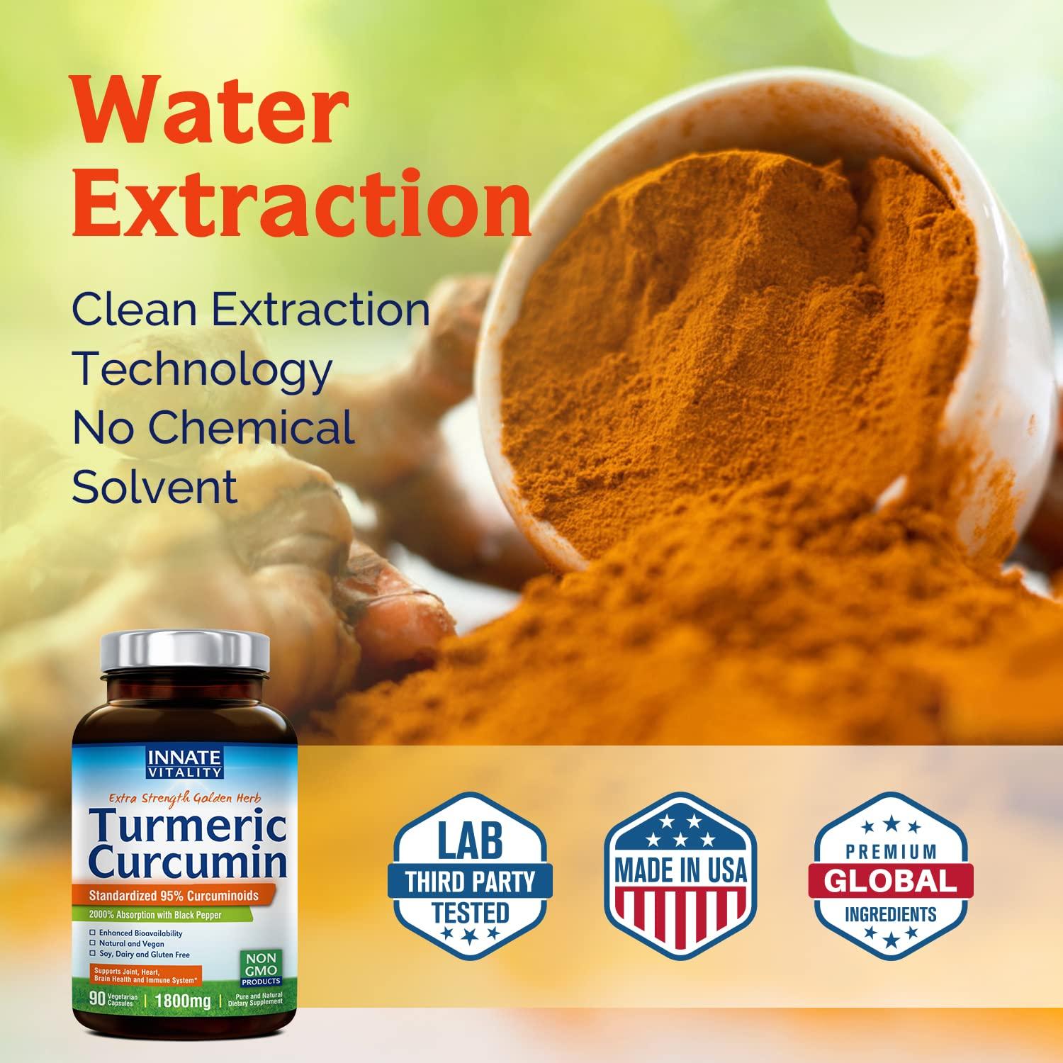 Innate Vitality Innate Vitality Turmeric Curcumin Supplement 1800mg with Black Pepper Extract 95% Curcuminoids, Extra Strength & Enhanced Absorption, Joint Support, Healthy Inflammatory Response, Antioxidant, 90 Caps
