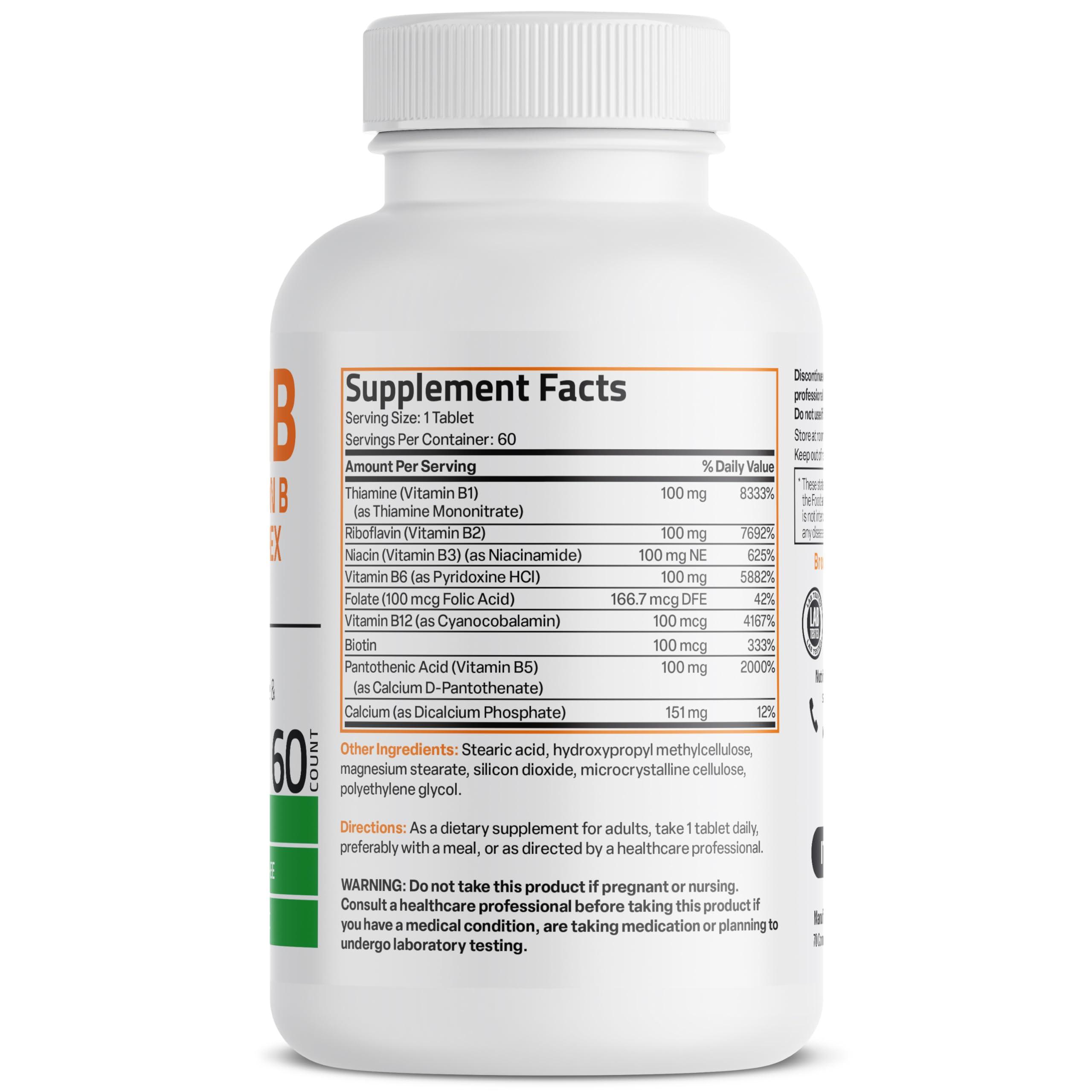 Bronson Bronson Vitamin B 100 Complex High Potency Sustained Release (Vitamin B1, B2, B3, B6, B9 - Folic Acid, B12), 60 Tablets