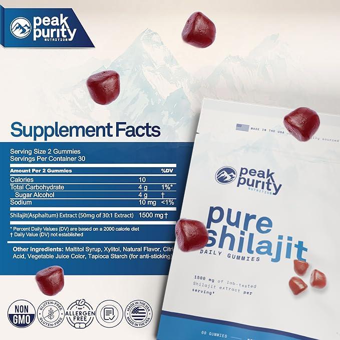 Peak Purity Peak Purity Shilajit Gummies - Pure Himalayan Shilajit for Men, Natural Energy Nootropic Supplement, Shilajit for Women, 85+ Trace Minerals for Focus and Stamina Support, 60 Gummies