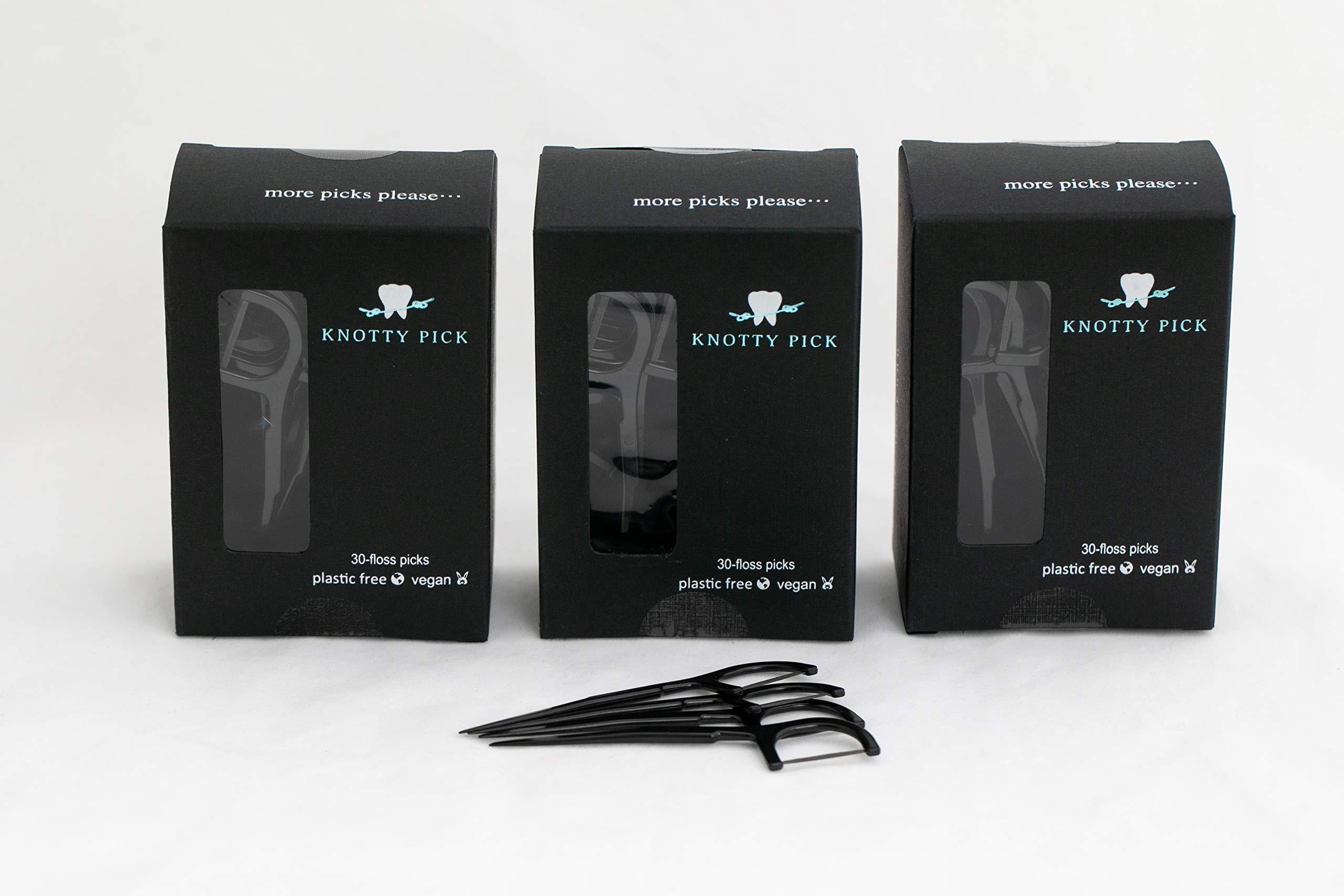 KNOT ORDINARY FLOSS Knotty Floss Bamboo Activated Charcoal with Grapefruit Seed Extract Floss Picks - Eco-friendly, pick is made of natural CORNSTARCH not plastic! Vegan - 3 Pack