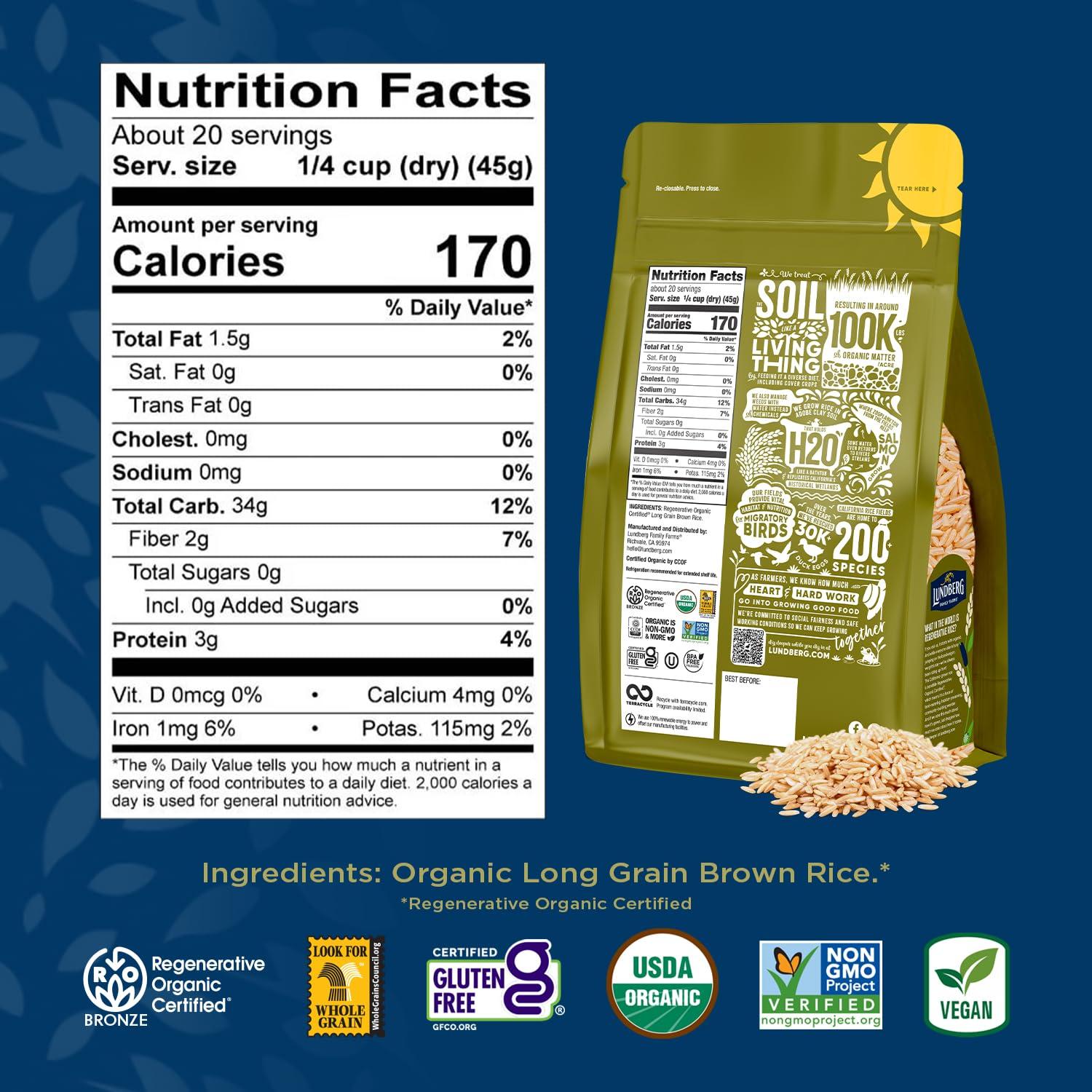 Lundberg Lundberg Brown Rice, Regenerative Organic Certified, 2-Pack Non-Sticky, Aromatic Long Grain Rice, Responsibly Grown in California, 32 Oz Ea