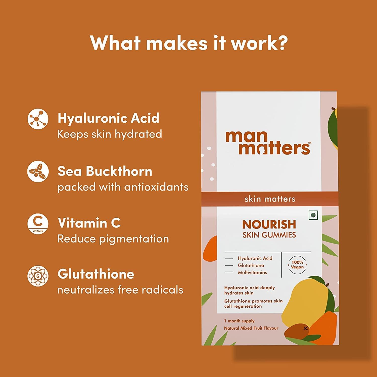 Metrol Metrol Man Matters Nourish Skin Gummies for Glowing Skin | Delicious Gummy with Vitamin C, Acid, Vitamin E & Sea Buckthorn | Gummies 30 Count