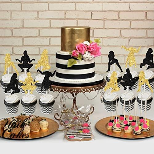 Cheereveal Cheereveal 24PCS Twerk Cupcake Toppers, Black and Gold Glitter Pole Dancing Cupcake Toppers for Funny Halloween Bachelorette Adults Birthday Party Decorations