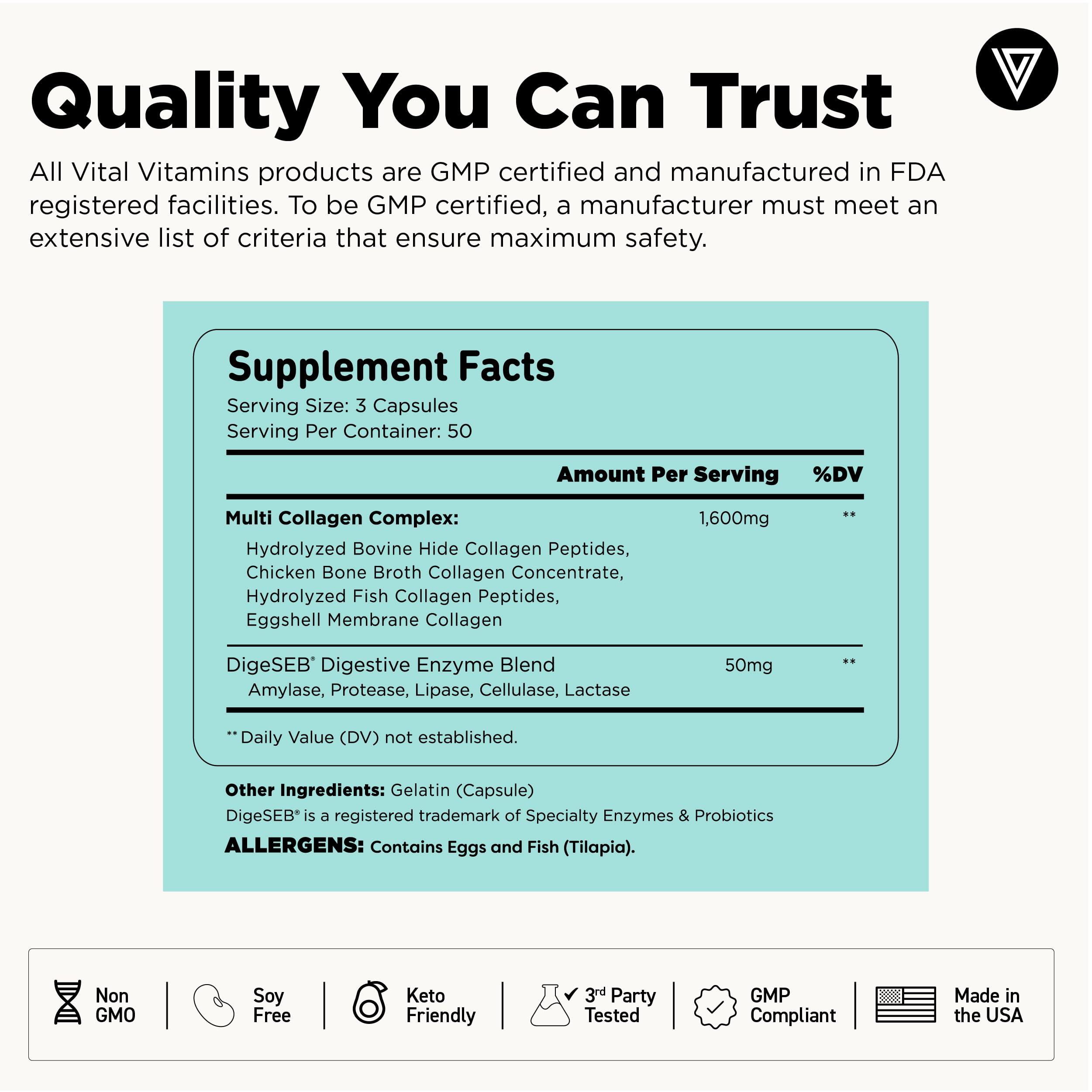 Vital Vitamins Vital Vitamins Multi Collagen for Women & Men - Type I, II, III, V, X - Grass Fed, Non-GMO - 150 Capsules