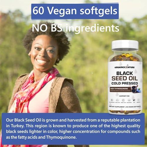 ORGANICS NATURE ORGANICS NATURE Black Seed Oil Capsules 1000MG Vegan Softgels, for Hair & Skin, Heart Support, Nigella Sativa - 100% Cold Pressed Cumin Seed Oil Capsules High Thymoquinone, Omega 3s