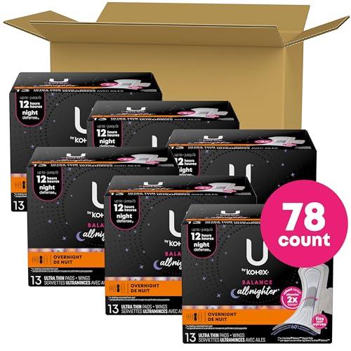 U by Kotex U by Kotex Balance Ultra Thin Overnight Pads with Wings, 78 Count (6 Packs of 13) (Packaging May Vary)