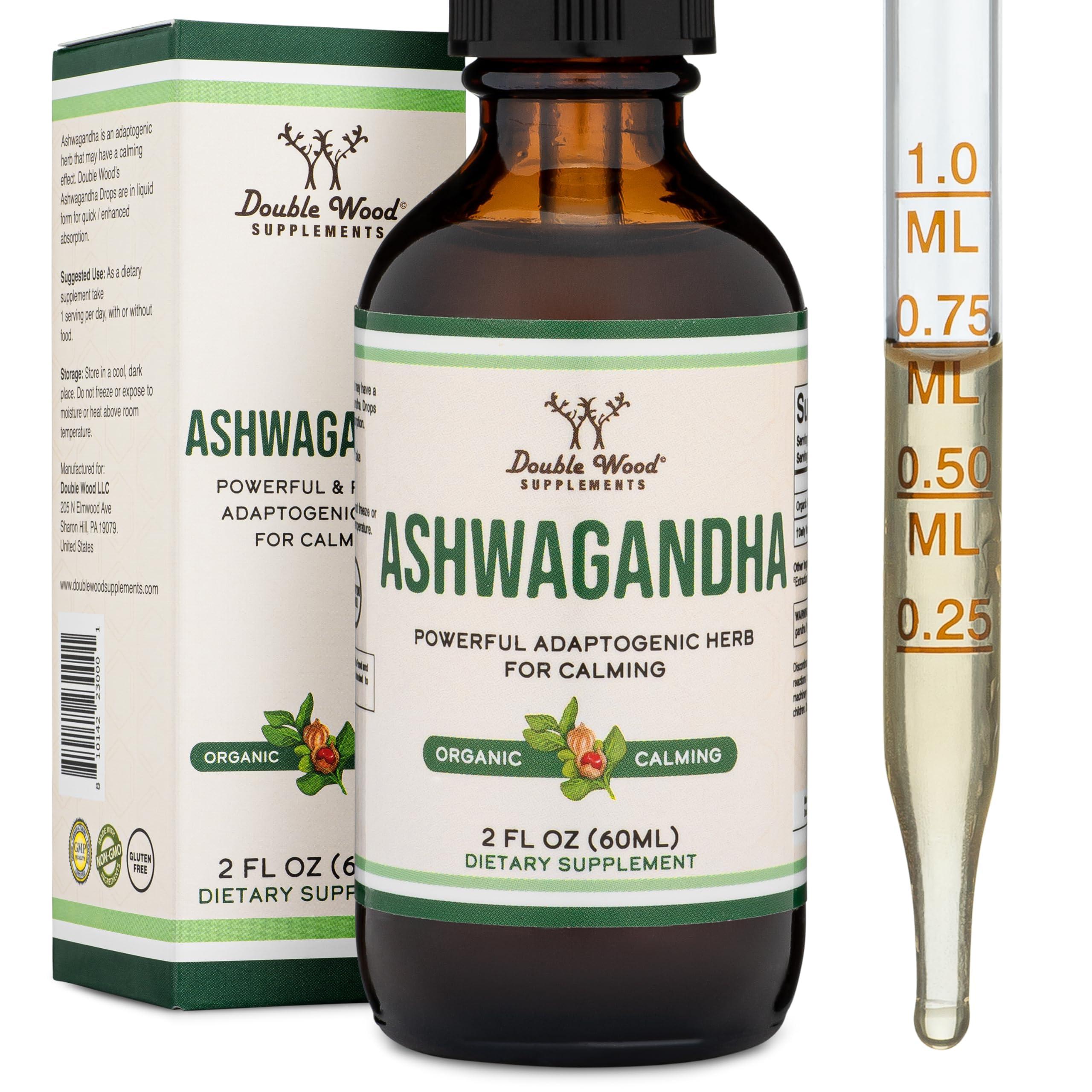 Double Wood Supplements Ashwagandha Organic Drops for Stress Relief (1,200mg, 60 Servings) Ashwagandha Tincture for Adrenal Support and Cortisol Manager (Vegan Safe, Gluten Free, Non-GMO) by Double Wood