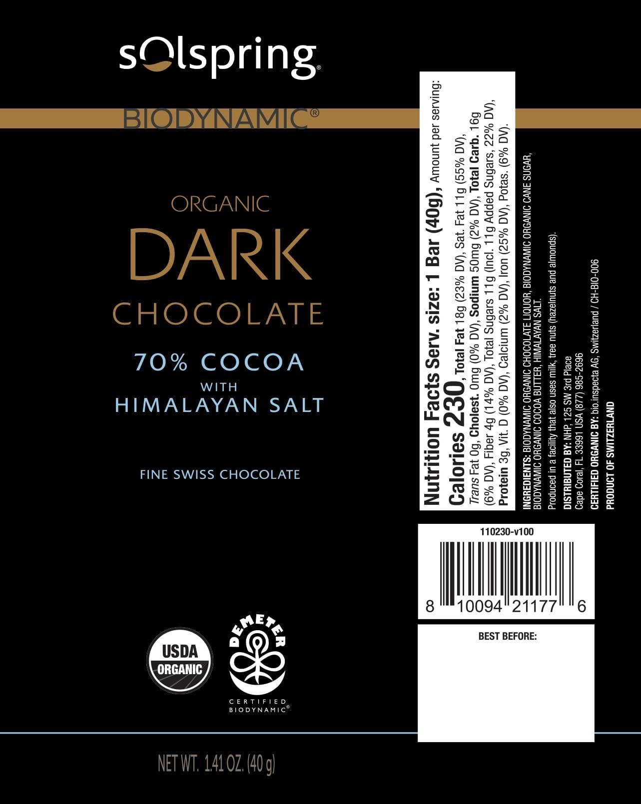Dr. Mercola Solspring Biodynamic Organic Dark Chocolate Bars with Himalayan Salt (12-1.41 oz Bars), 70% Cocoa, Fine Swiss Chocolate, Certified USDA Organic, Demeter Certified, Gluten Free, Soy Free, Dr. Mercola