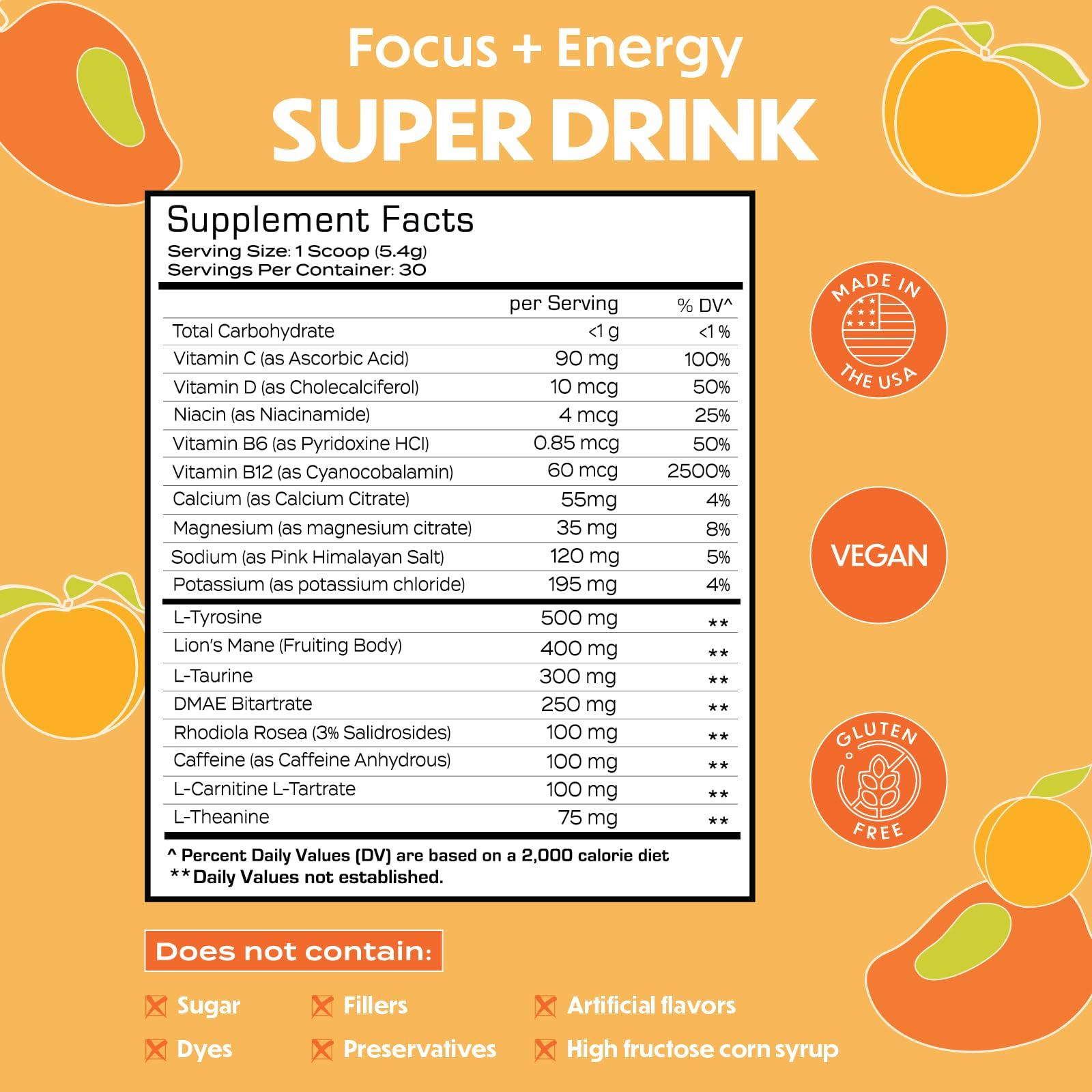 Forgge Forgge Focus Energy Drink Powder - Lions Mane, Alpha-GPC, L-Theanine and Nootropics for Focus - Vitamins + Electrolytes - Natural Caffeine, Sugar Free (Peach Mango)