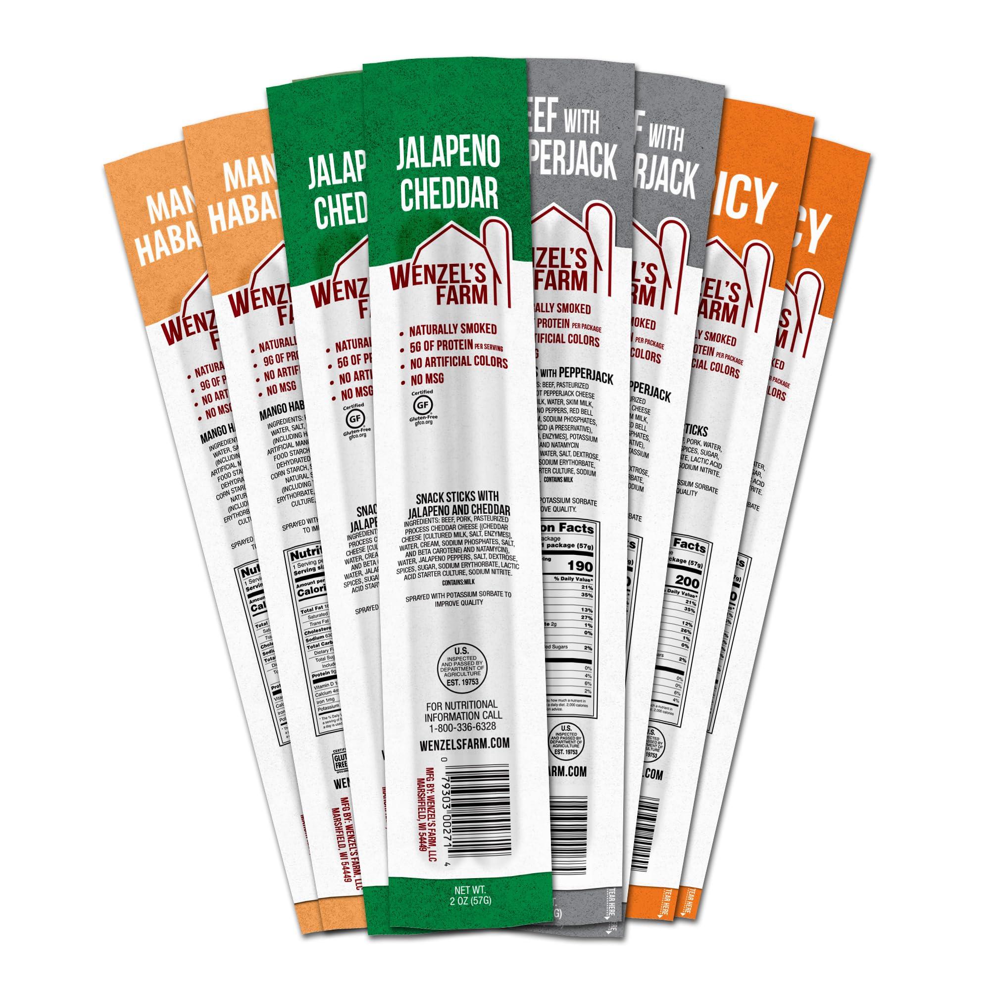 Wenzel\'s Farm Wenzels Farm Variety Snack Sticks Supports Active Lifestyles Flavorful, Natural Smoked High Protein, Low Carb No MSG, Fillers, Binders, Artificial Colors Gluten Free | 16 sticks (8 packs of 2) | Spicy Variety Pack