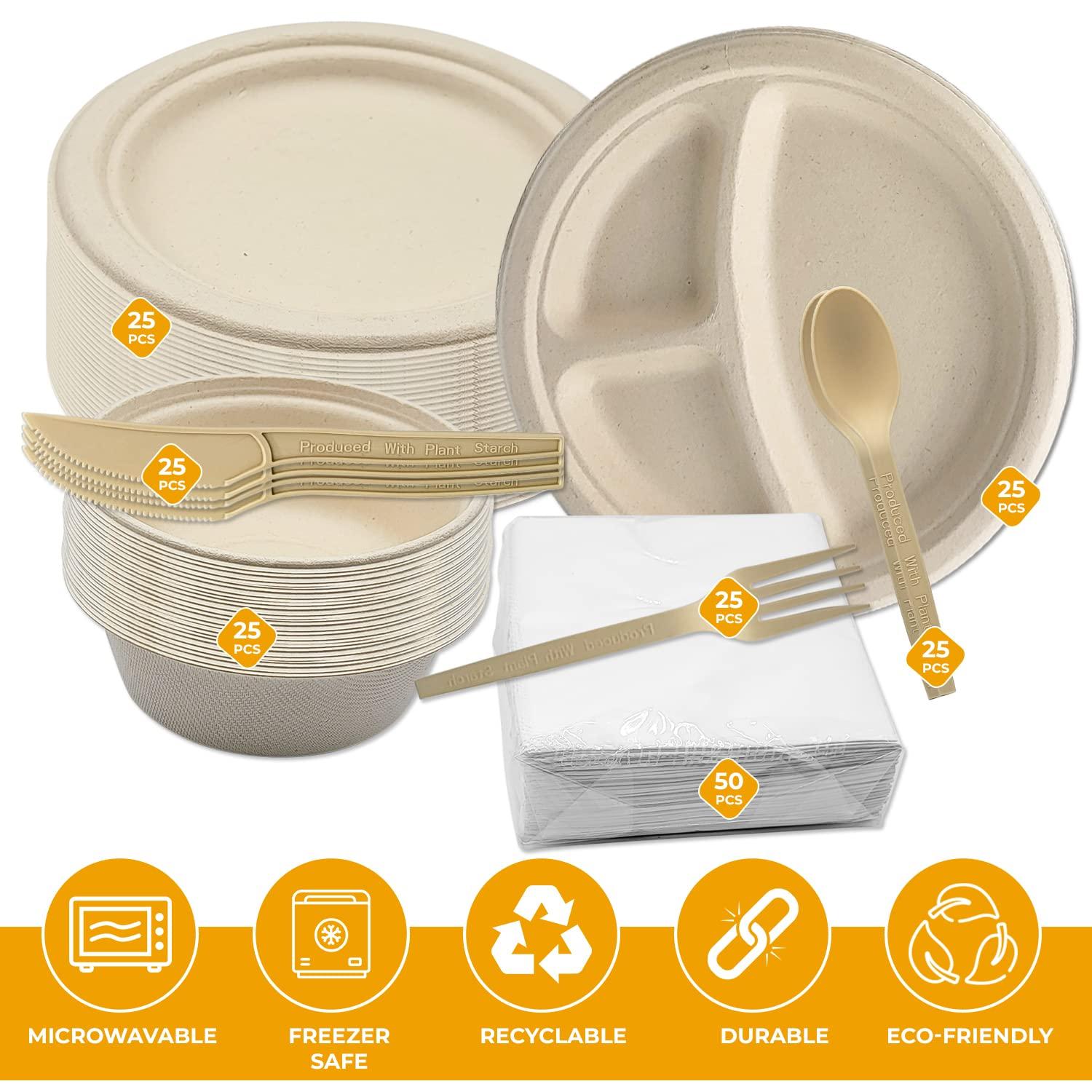 Generic BOX TO BOX Set of 200 pcs Disposable Plates, Paper Bowls, Small Paper Plates and Compostable Utensils. Heavy Duty Paper Plates. Party Plates. Ecofriendly and Biodegradable Plates. Bulk Paper Plates