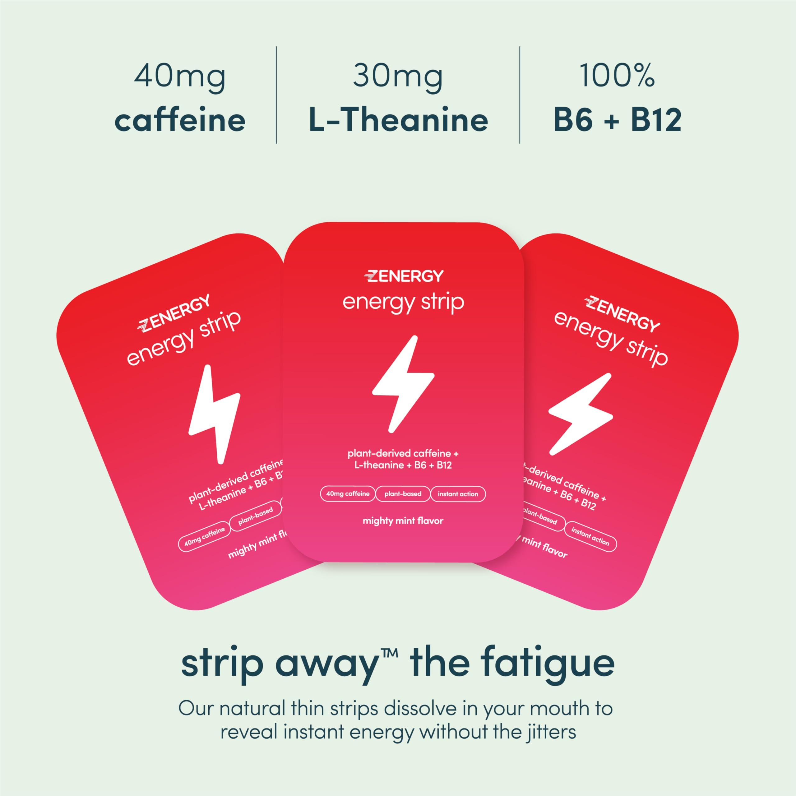 ZENERGY ZENERGY Energy Oral Strips - Mint Flavor | 40mg Caffeine + 30mg L-Theanine + 100% Vitamin B6 & B12 | 0 Sugar, 0 Calories, 0 Gluten, 0 Aspartame, Vegan, Plant-Based, Instant Action | 1 Tin = 30 Strips