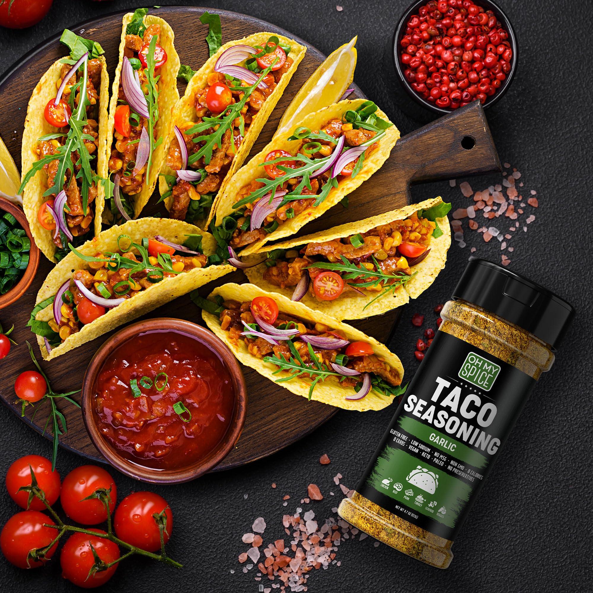 Oh My Spice Taco Seasoning Mix Garlic Powder - Gluten Free & Low Sodium Mexican Seasoning Blend for Taco Tuesday & Taco Night. Garlic and Herb Seasoning for Tacos & Fajita. Chicken & Fish Taco Toppings Mix. 4.7oz