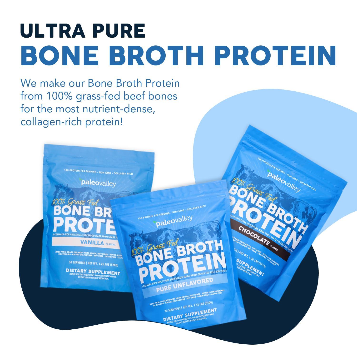 Paleovalley Paleovalley 100% Grass Fed Bone Broth Protein Powder - Chocolate - Rich in Collagen for Hair, Skin, Gut Health, Bone and Joint Support - 28 Servings