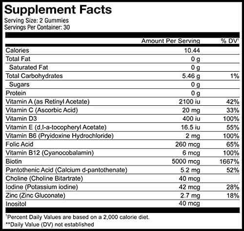 Codeage Codeage Hair Gummies, Biotin 5000 mcg, Sugar Free Growth Gummy Vitamins A, C, B6, B12, D3, Zinc, Inositol Supplement, Women & Men, Pantothenic Folic Acid, Nails, Skin, Strawberry Coconut Flavor, 60 ct