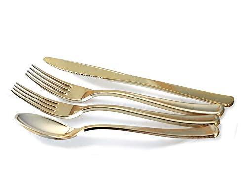 OCCASIONS FINEST PLASTIC TABLEWARE " OCCASIONS " 150pcs set (25 Guests)-Wedding Plastic Plates & cutlery -Disposable heavyweight Dinnerware 10.5'', 7.5'' + Silverware w/double fork (Lace Ivory & Gold)