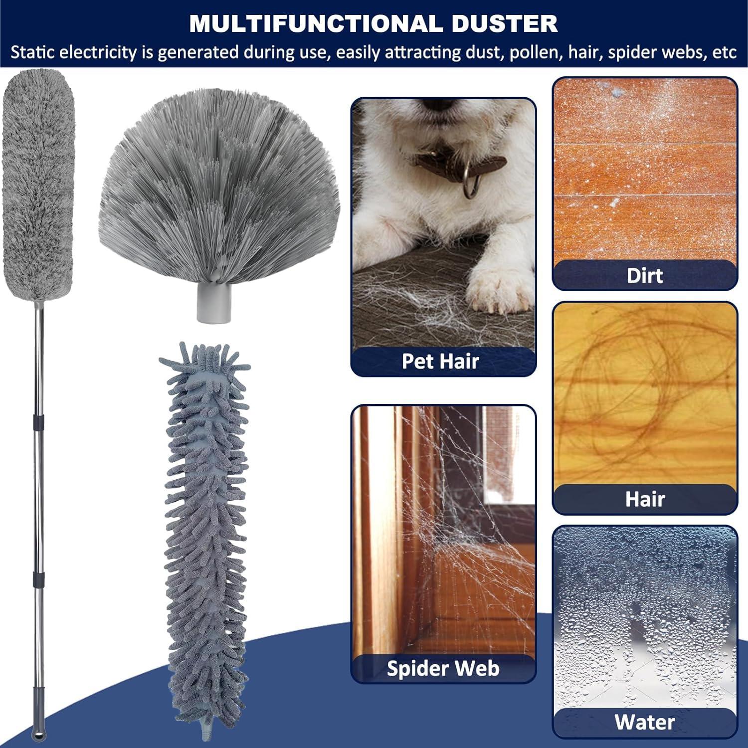 Tockrop 20+ Feet High Reach Duster Kit with 3-14 ft Extension Pole for Cleaning Fan, Spider Web, High Ceiling, Blinds, Furniture, Cars - Cobweb Microfiber Duster // Outdoor & Indoor Extendable Duster