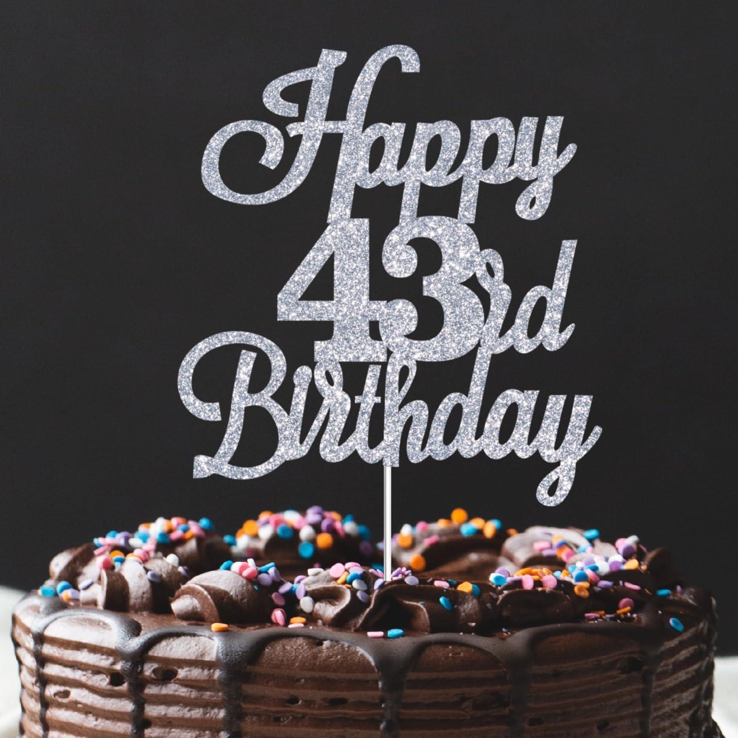 JUTTIRA Happy 43rd Birthday Cake Toppers Silver Glitter, Cheers to 43 Years Old Bday Decoration 43rd Anniversary Cake Topper, Forty-three Theme Cake Decorations for Birthday Anniversary Party