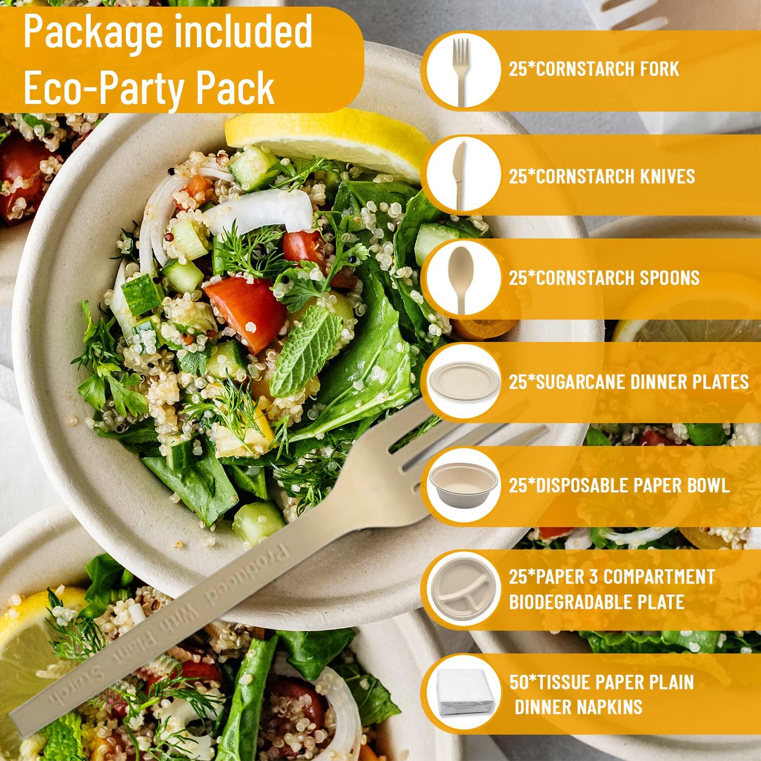 Generic BOX TO BOX Set of 200 pcs Disposable Plates, Paper Bowls, Small Paper Plates and Compostable Utensils. Heavy Duty Paper Plates. Party Plates. Ecofriendly and Biodegradable Plates. Bulk Paper Plates