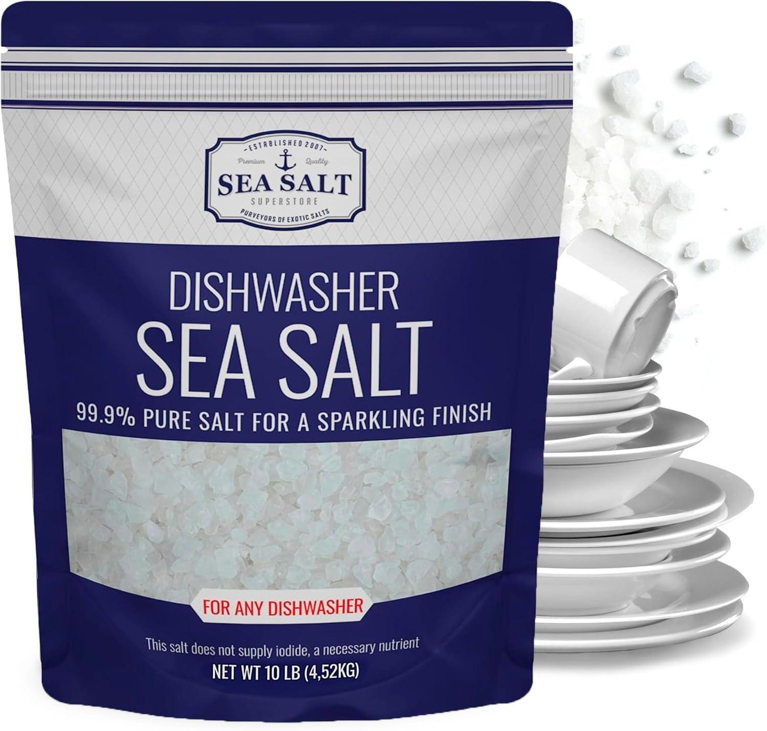 Sea Salt Superstore Dishwasher Salt - All-Natural Water Softener Salt for a Clean Finish - Compatible with Bosch, Miele, Thermador, Whirlpool Dishwashers and More - Food-Grade Coarse Sea Salt (10 lbs, 2 x 5 lb Bag)