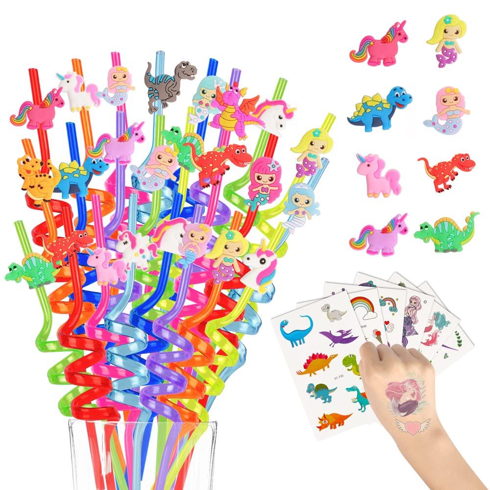 DLSMDOUS 24 Reusable Drinking Plastic Straws + 6 Temporary Tattoos or 6 Silicone bracelets for Girls and Boys Birthday Party Decorations with Unicorn,Mermaid,or Dinosoaur,plus 1 Cleaning Brush
