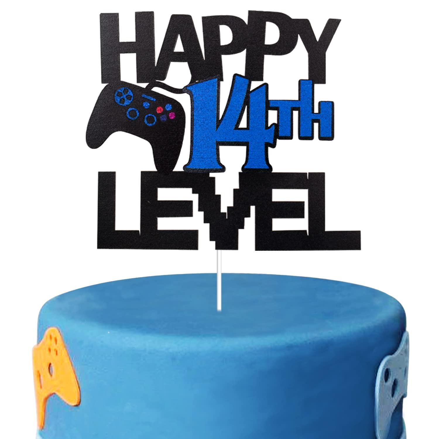 LQINBIBJ Video Game Cake Topper For Happy 14th Level Birthday Decoration - Glitter Happy 14th Birthday Video Game Cake Topper - Gamer Levle 14th Unlocked Birthday Party Cake Decorations