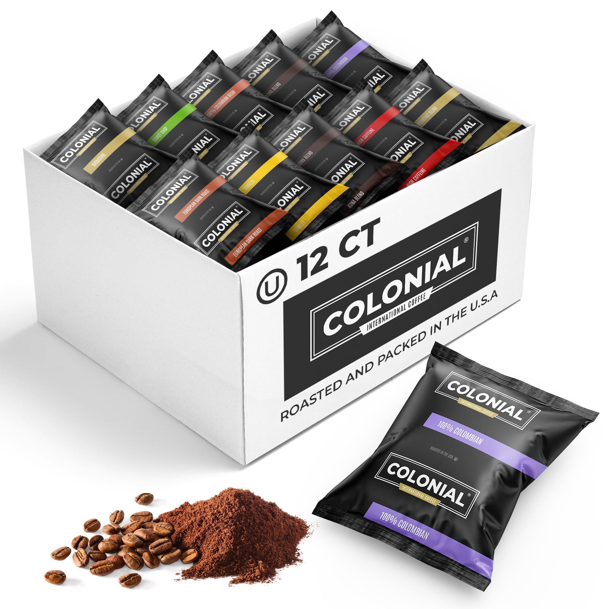 COLONIAL INTERNATIONAL COFFEE Colonial Coffee Packets, Pre Ground Coffee Packs, Assorted Variety Pack, Medium & Dark Roast Blends, Bulk Single Pot Bags for Drip Coffee Makers, (2.5 oz Bags, Pack of 12)