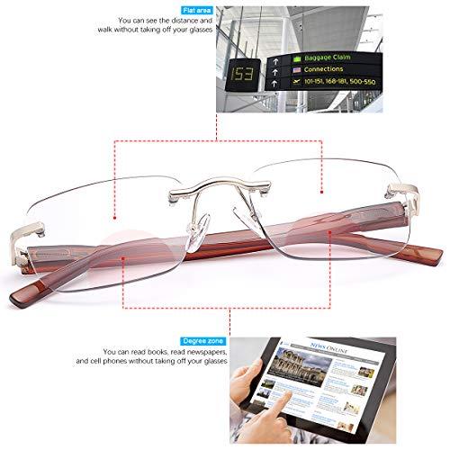 MIRYEA Rimless Bifocal Reading Glasses Spring Hinge Photochromic Sun Readers Transition Shades Computer Blue Light Blocking Sunglasses UV400 Protection Anti Glare Eyewear Gaming Eyeglasses for Men and Women